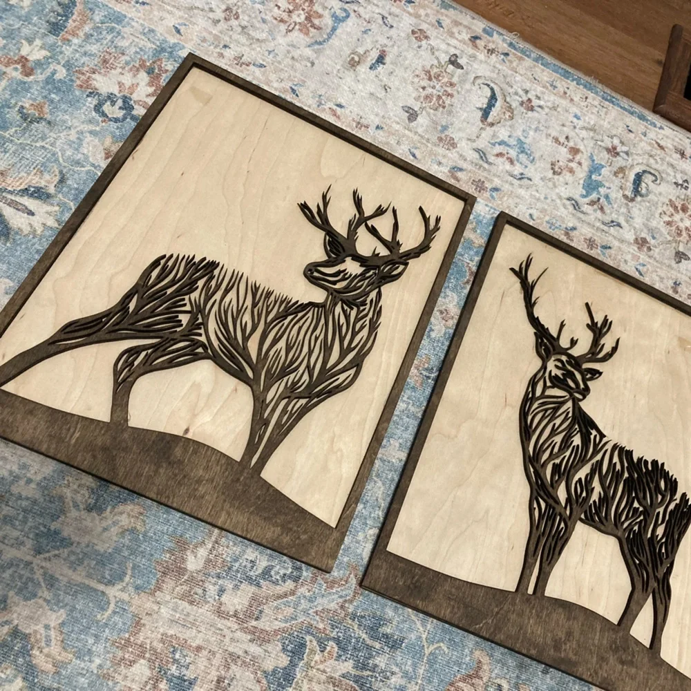 HOMEMADE Wood laser engraved set of 2 buck art signs 13”x10.5”